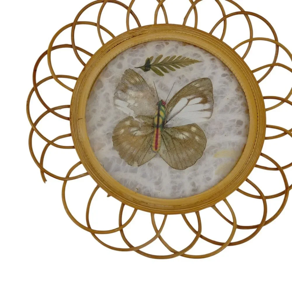 Pressed Butterfly Rattan Wicker Coasters Caddy Set Of 4 MCM Taiwan Barware
